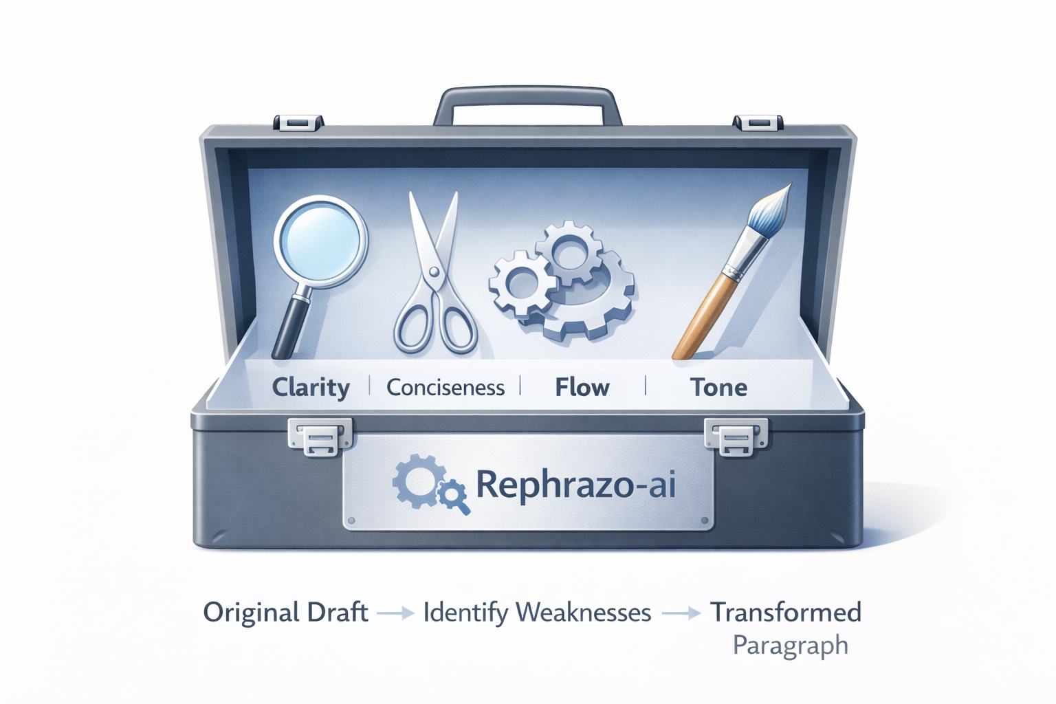 Conceptual illustration of linguistic toolkit with icons for Clarity, Conciseness, Flow, and Tone, featuring Rephrazo-ai branding